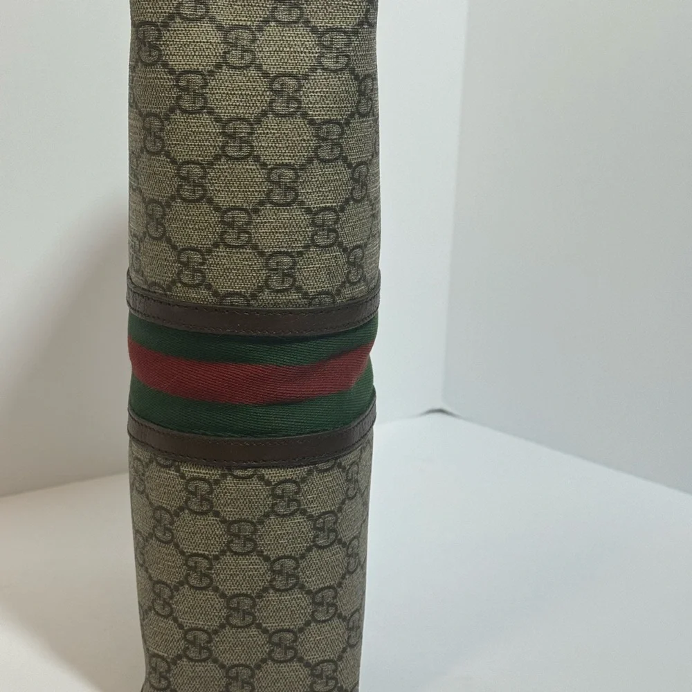 AUTHENTIC Gucci Beige Monogram Pouch/Clutch  with Green and Red Web